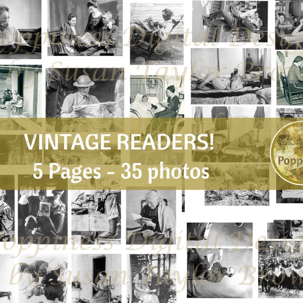 VINTAGE READING photos! Printable Digital Collage Sheet  Booklover Digital Ephemera Bookworm  Instant Download