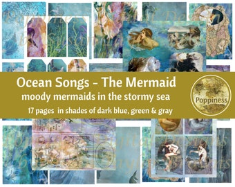 MERMAID DIGITAL PAPER Ocean Songs Printable Digital Junk Journal Collage Sheet Vintage Illustrations Instant Download