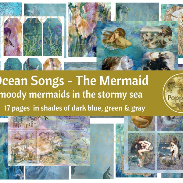 MERMAID DIGITAL PAPER Ocean Songs Printable Digital Junk Journal Collage Sheet Vintage Illustrations Instant Download