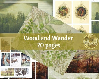 WOODLAND Wander DIGITAL PAPER Printable Digital Junk Journal Collage Sheet Vintage Illustrations Instant Download