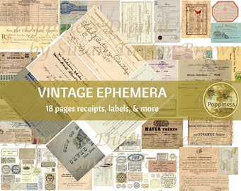 VINTAGE EPHEMERA & RECEIPTS | Printable Digital Kit Antique Ephemera for Junk Journals