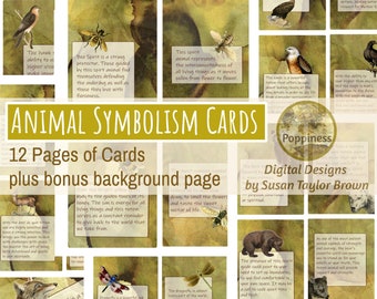 Animal Symbolism Cards Printable Digital Collage Sheet Vintage Illustrations Instant Download