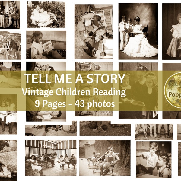 Vintage Photos Children Reading  Printable Digital Collage Sheet  Booklover Digital Ephemera Bookworm  Instant Download