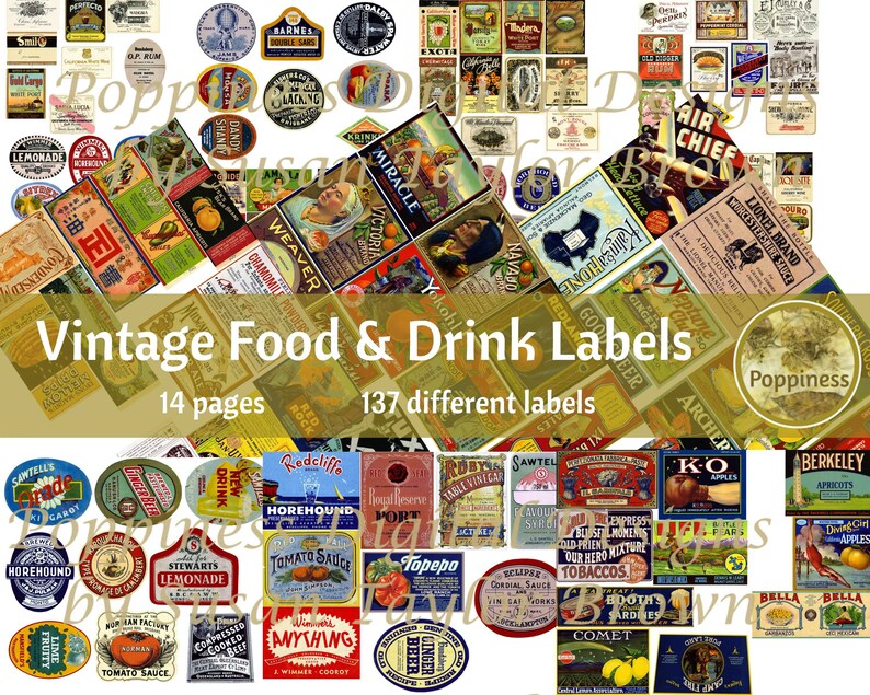 Vintage FOOD &amp; DRINK LABELS Printable Ephemera for Junk - Etsy