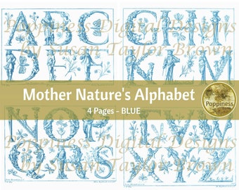 BOTANICAL ALPHABET in BLUE | Digital Download for Vintage Junk Journal | Collage Sheet for Paper Crafters
