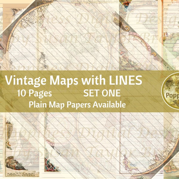VINTAGE MAPS with LINES | Digital Download Junk Journal Pages (Set 1)