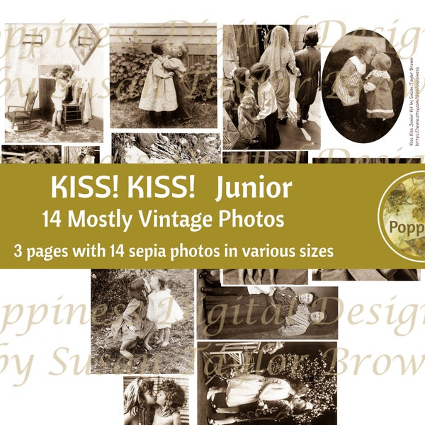 VINTAGE KISS CHILDREN Kissing Valentine's Day Images Printable Digital Collage Sheet Kiss! Kiss! Junior Junk Journal Printable Ephemera