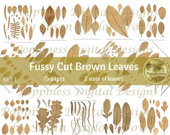 FUSSY CUT digital LEAVES | Junk Journal Printable | Nature Journal Ephemera | Set 1 - brown