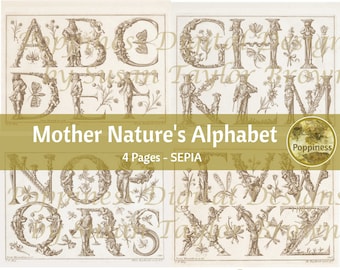 SEPIA VINTAGE ALPHABET | Digital Download for Botanical Junk Journal | Collage Sheet for Paper Crafters