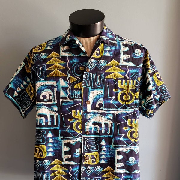Blue hawaiian barkcloth mens aloha shirt.