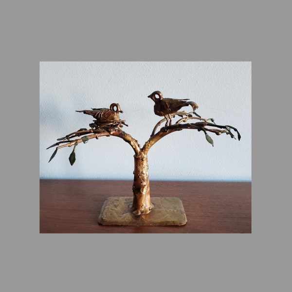 MCM artist made tabletop metal birds in tree sculpture. "Waiting" Mother and father bird at nest.