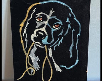 Vintage hand painted dog on black velvet. 11 x 13.