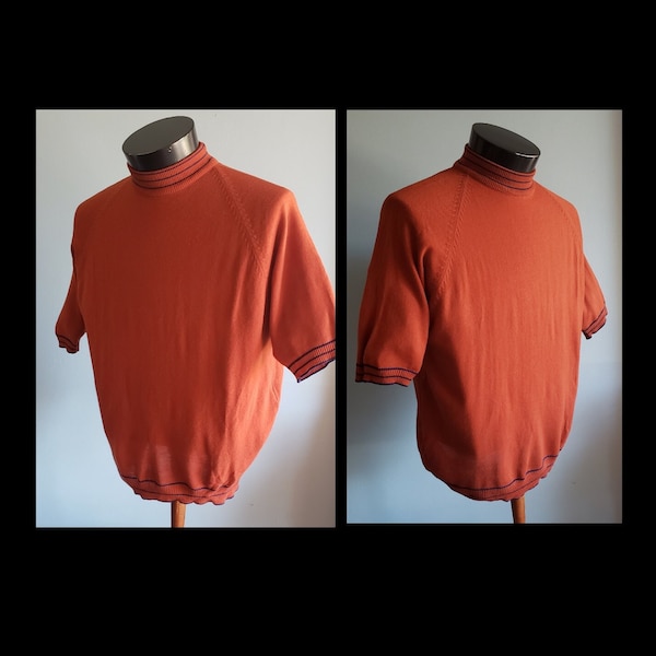 Vintage mens rust with stripes mod pullover knit shirt. XL