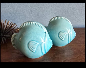 Puffy blue fish salt and pepper shakers.