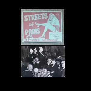 May include: A black and white photo of a group of men in uniform, likely sailors, sitting at a table in a restaurant. The men are smiling and appear to be enjoying themselves. The photo is from the 1940s or 1950s. The caption reads "The Local Show in Town" and "54 Mason St. San Francisco".