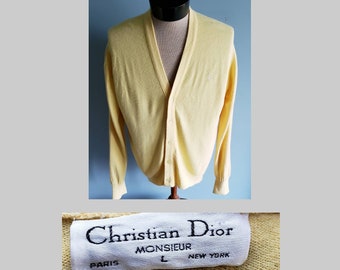 Vintage Christian Dior Monsieur Yellow Cardigan Sweater, large.