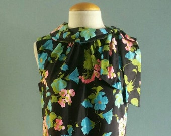 Vintage 1960s floral dress. Geraniums and morning glories on black