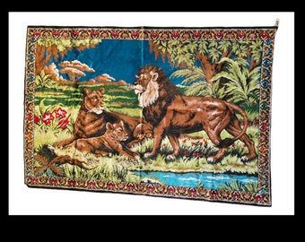 Vintage Large Lion Pride Tapestry Made in Morocco. 47 X 72