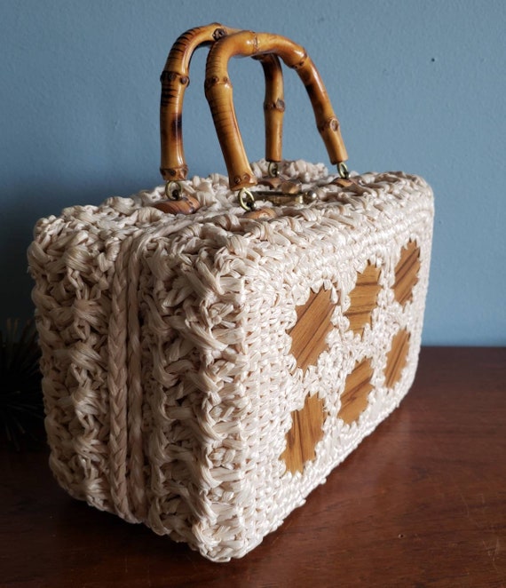 Unique Crochet Raffia Box Purse with Bamboo Handl… - image 5