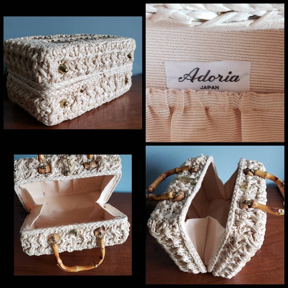 Unique Crochet Raffia Box Purse with Bamboo Handl… - image 10