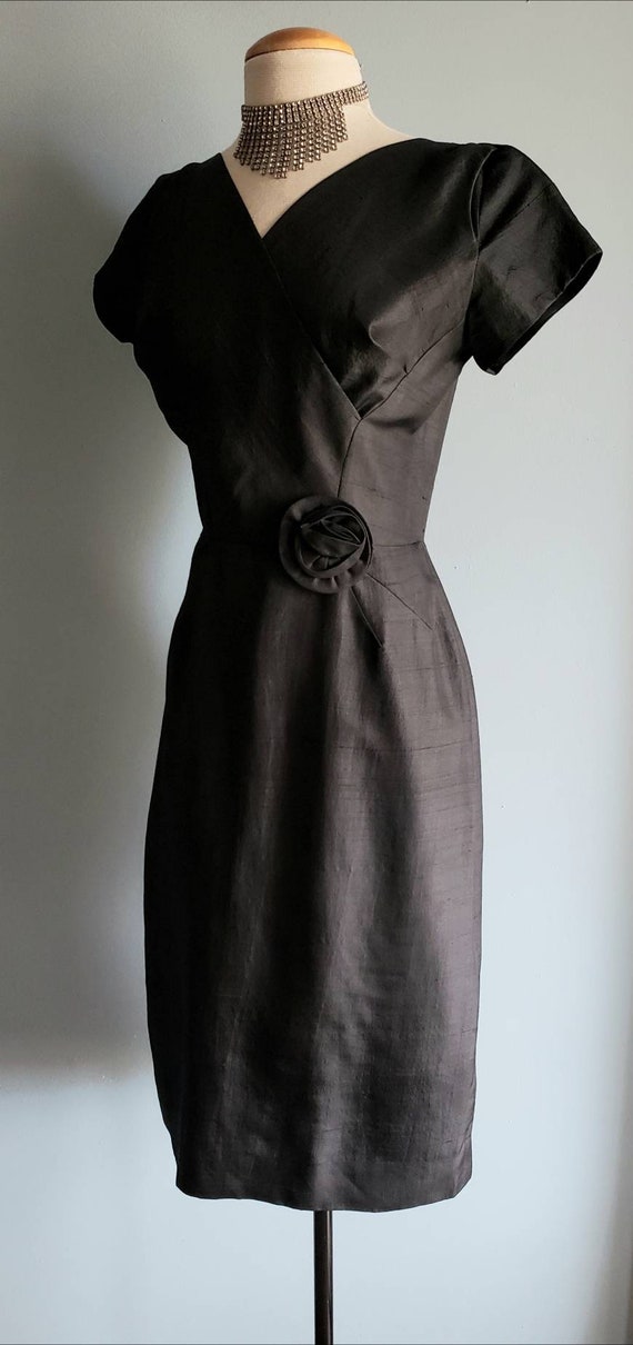 1950s silk little black cocktail dress with 3D ro… - image 2