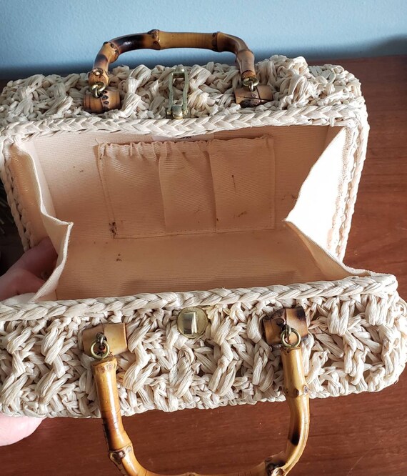 Unique Crochet Raffia Box Purse with Bamboo Handl… - image 8