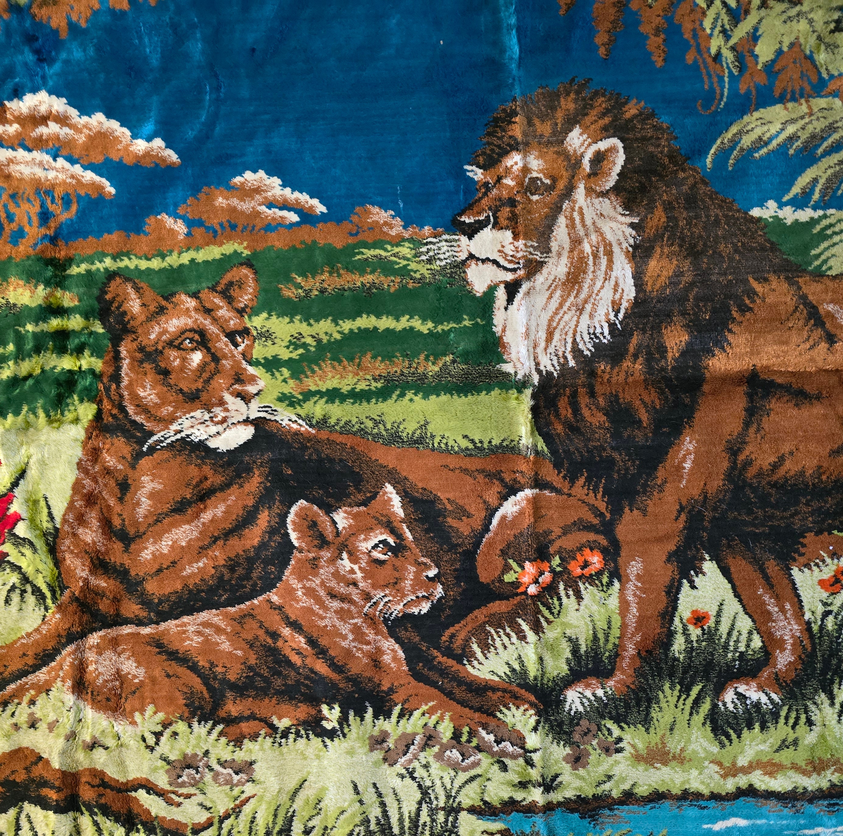Vintage Large Lion Pride Tapestry Made in Morocco. 47 X 72