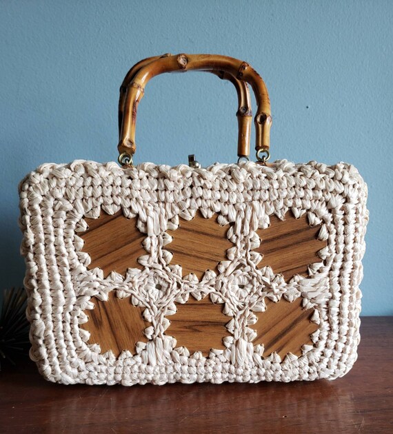 Unique Crochet Raffia Box Purse with Bamboo Handl… - image 4