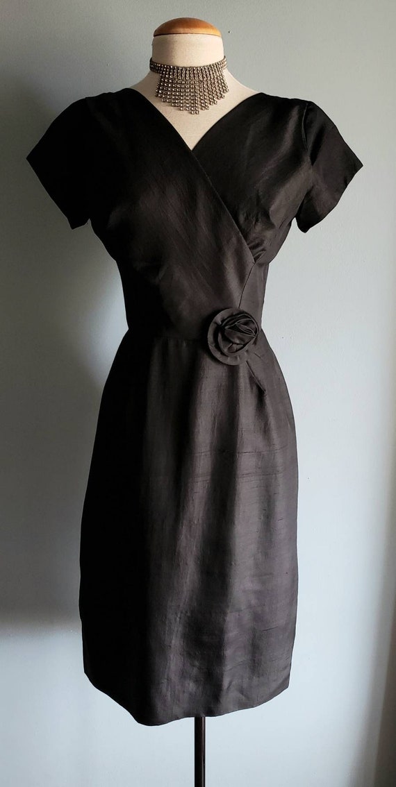 1950s silk little black cocktail dress with 3D ro… - image 5