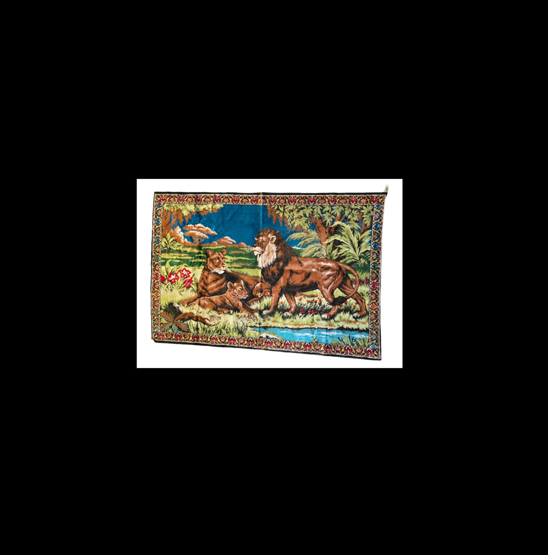 Vintage Large Lion Pride Tapestry Made in Morocco. 47 X 72