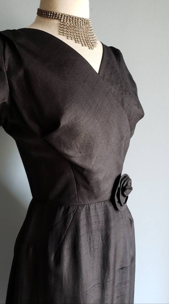 1950s silk little black cocktail dress with 3D ro… - image 7