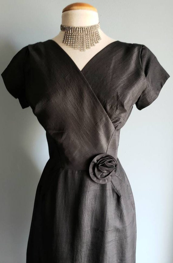 1950s silk little black cocktail dress with 3D ro… - image 4