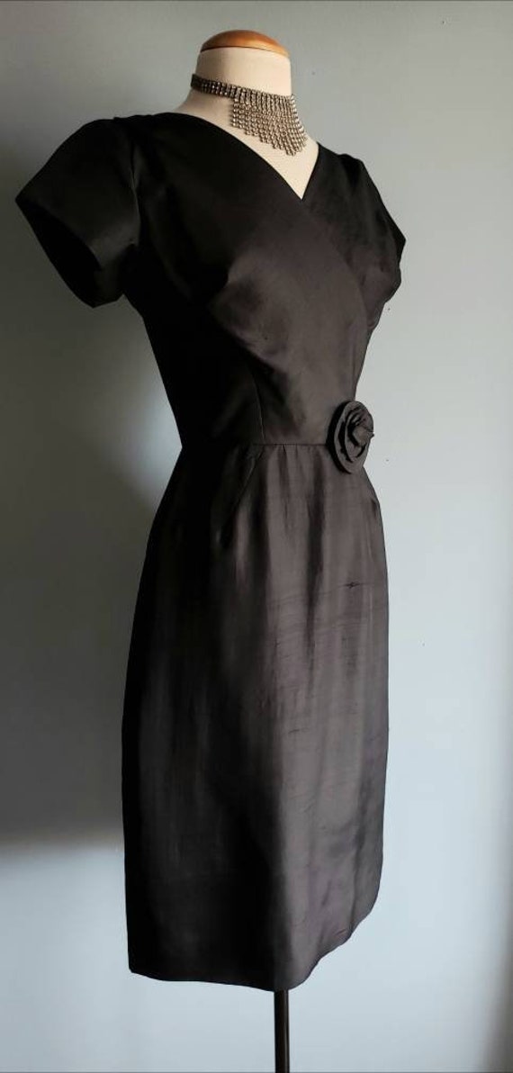 1950s silk little black cocktail dress with 3D ro… - image 3