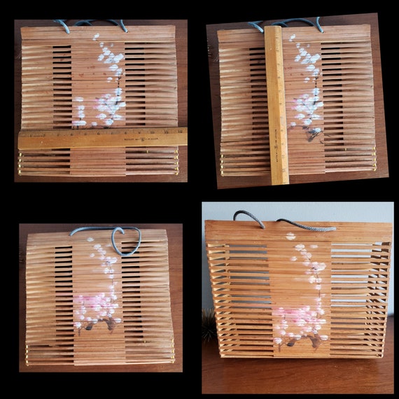 Vintage slated bamboo purse with cherry blossoms,… - image 5