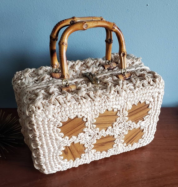 Unique Crochet Raffia Box Purse with Bamboo Handl… - image 3