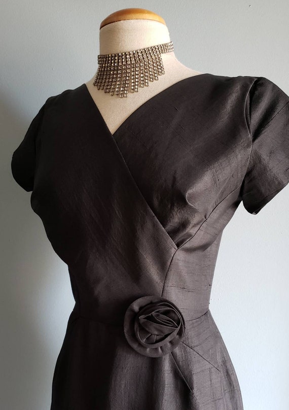 1950s silk little black cocktail dress with 3D ro… - image 8