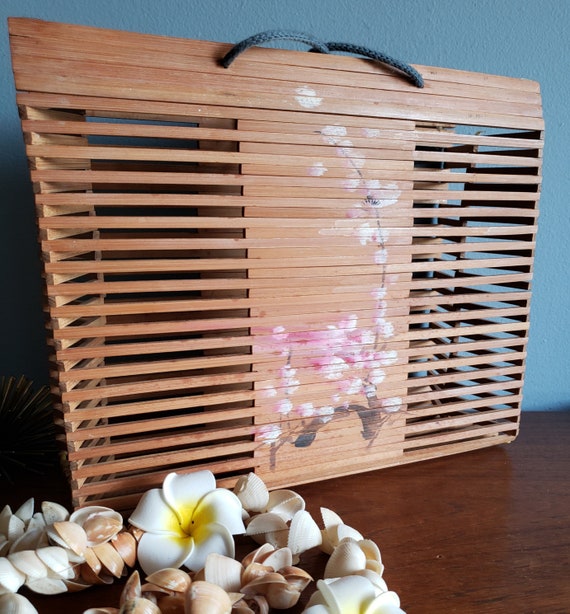 Vintage slated bamboo purse with cherry blossoms,… - image 3