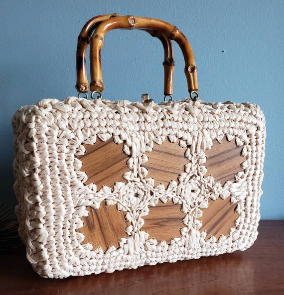 Unique Crochet Raffia Box Purse with Bamboo Handl… - image 2