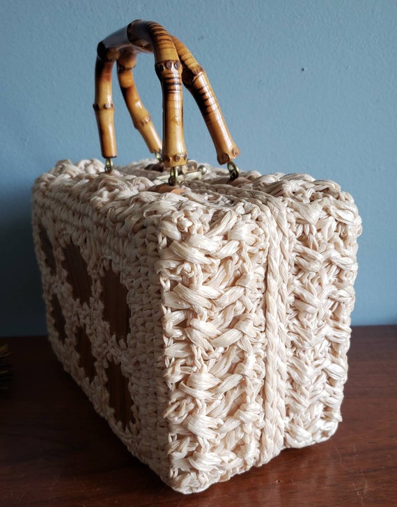 Unique Crochet Raffia Box Purse with Bamboo Handl… - image 6