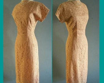 1950s floral lace wiggle dress.
