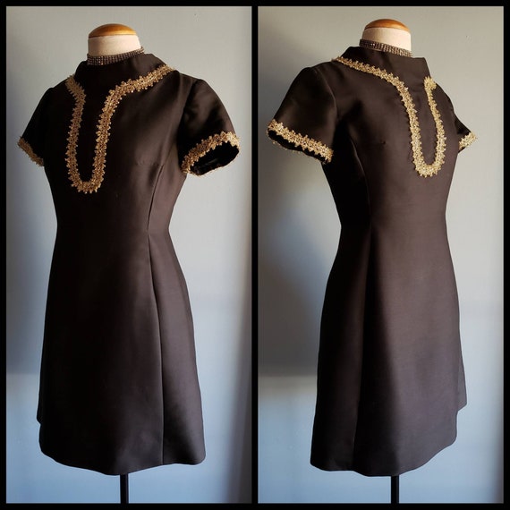 Vintage Little Black Dress by R&K Originals With Gold Metalic Trim