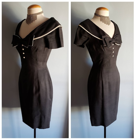 1950s black linen Mr. Blackwell dress. Petite.