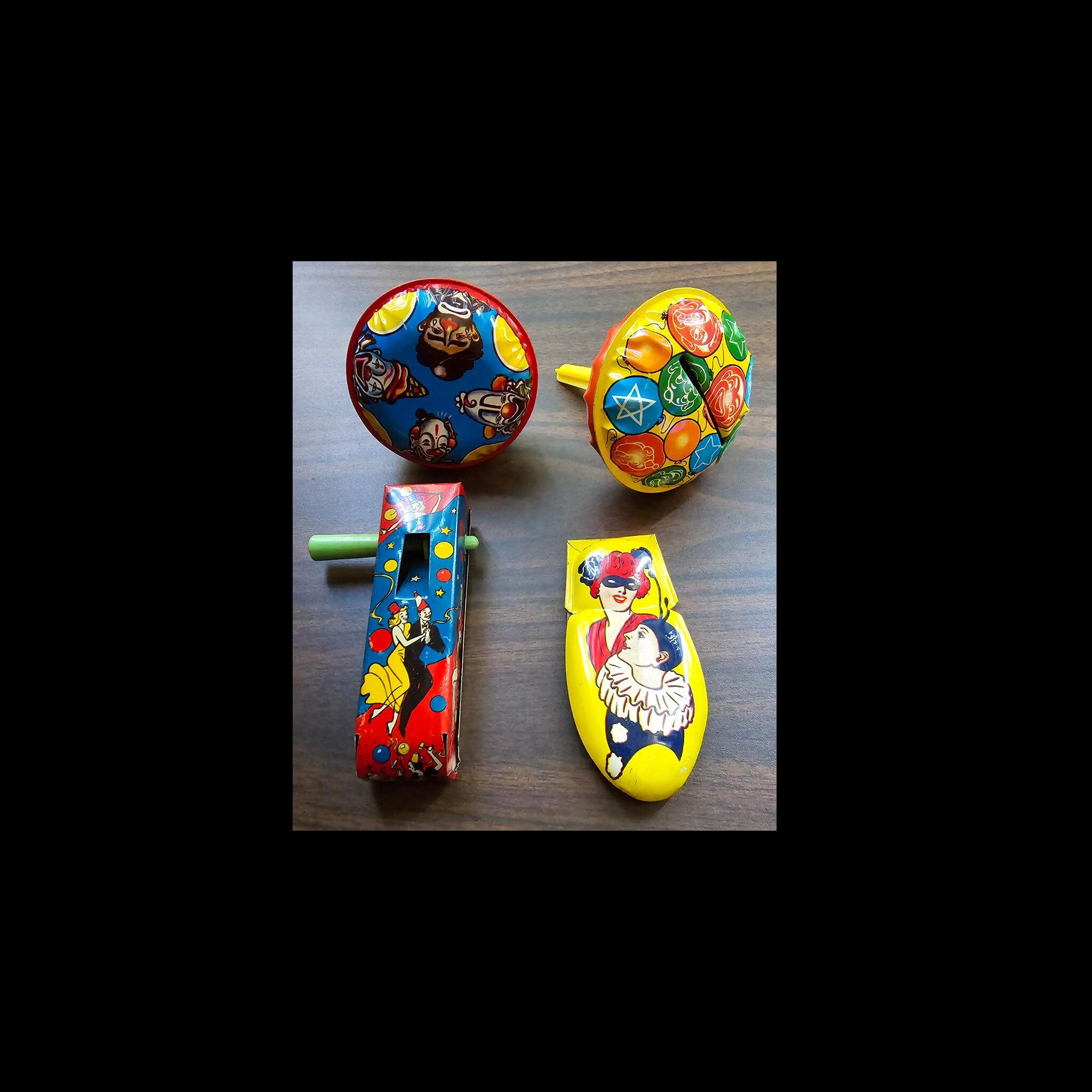 4 piece vintage party noise makers. US metal toy mfg. co.