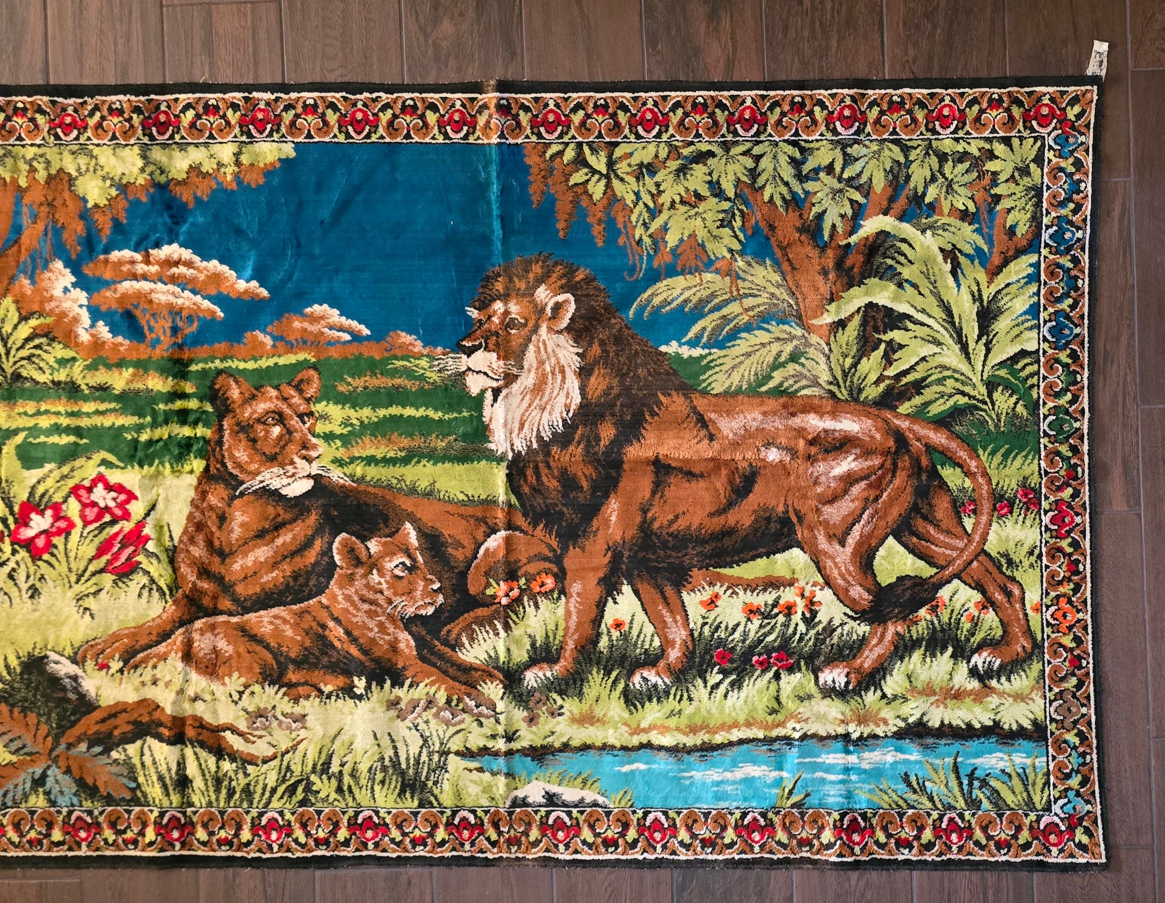 Vintage Large Lion Pride Tapestry Made in Morocco. 47 X 72