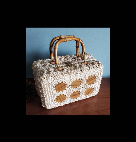 Unique Crochet Raffia Box Purse with Bamboo Handl… - image 1
