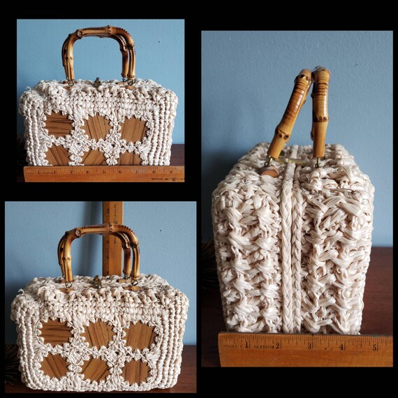 Unique Crochet Raffia Box Purse with Bamboo Handl… - image 9