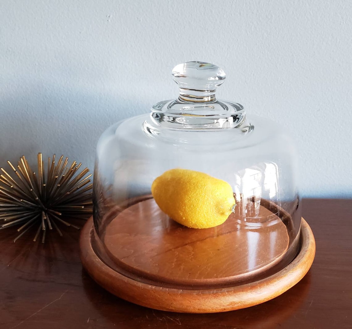 MCM wood and glass cheese dome and server. Etsy