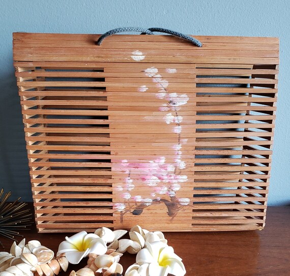 Vintage slated bamboo purse with cherry blossoms,… - image 2
