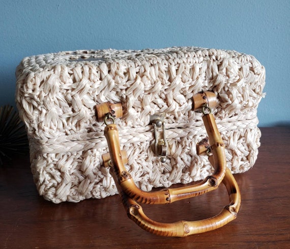 Unique Crochet Raffia Box Purse with Bamboo Handl… - image 7