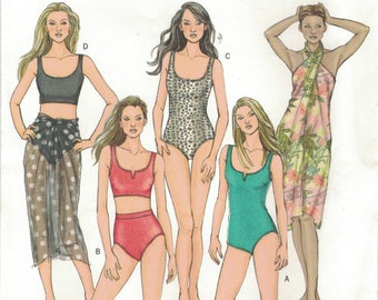 May include: A sewing pattern for four different swimsuit styles. The pattern is for sizes 14-16-18-20. The pattern is called Butterick B4526.